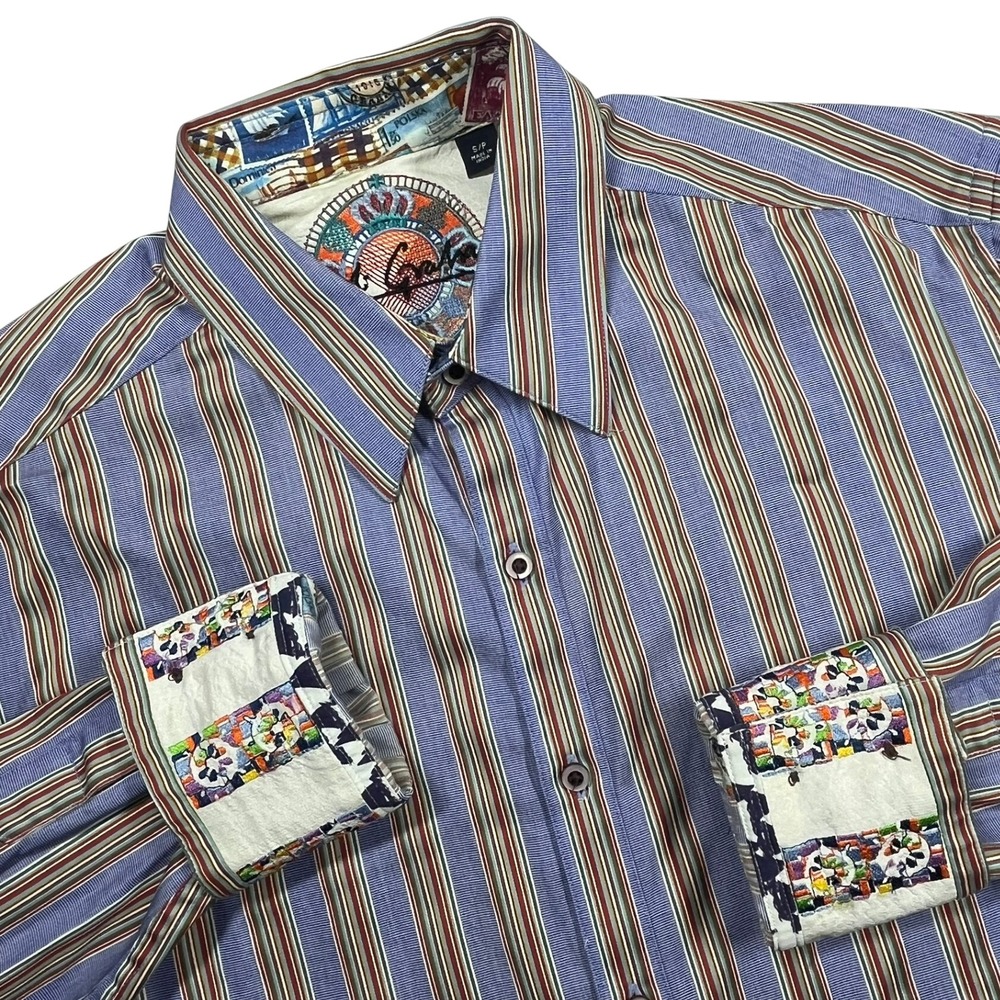 Robert Graham Button Up Shirt Mens Small Blue Striped Contrast Flip Cuffs